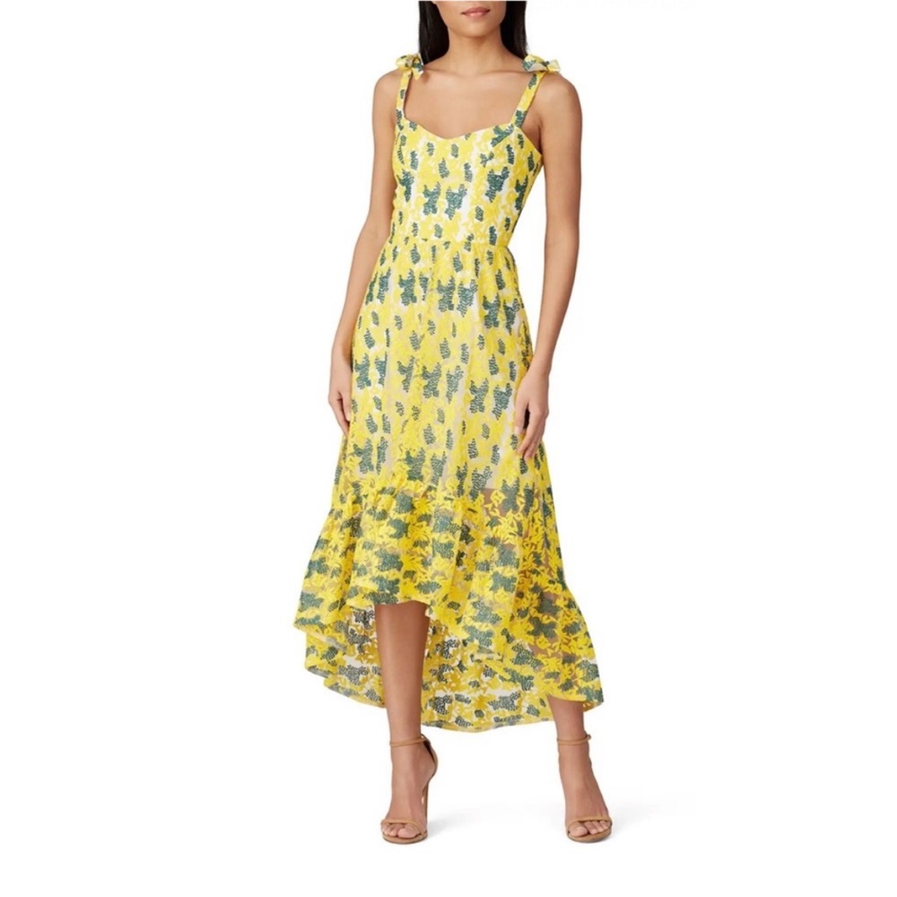 Dress the Population Wren yellow lace embroidered overlay midi dress
